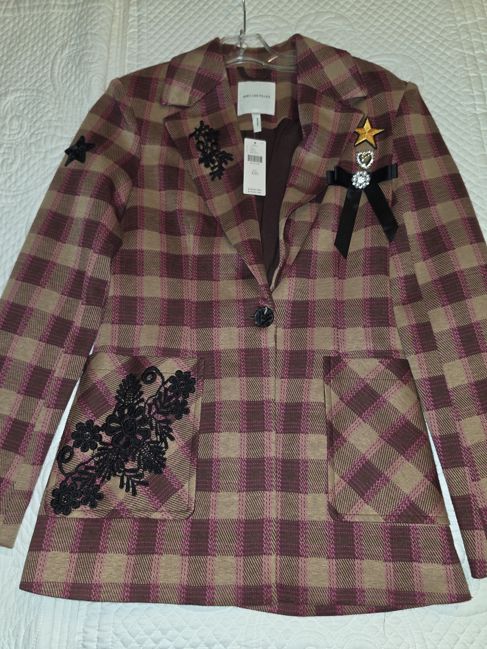 NWT Anthropologie Avec Les Filles Pink Brown Plaid Blazer Whimsigoth XXS